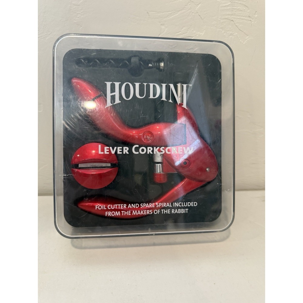 Houdini Red Lever Corkscrew 3-Piece Wine Opener - Foil Cutter - Spiral Open Box